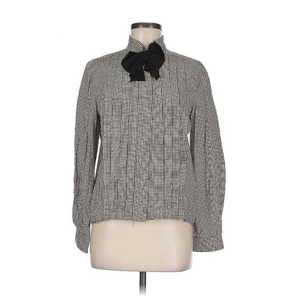 Oscar De La Renta Tops - Oscar De La Renta Grey Black Check Print Tie Neck Satin Blouse 6